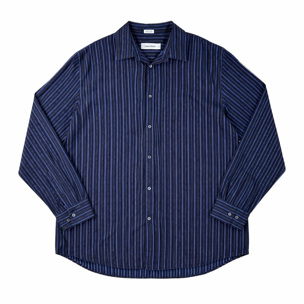 Calvin Klein Mens XL Dress Shirt Blue Striped 100% Cotton Button Front